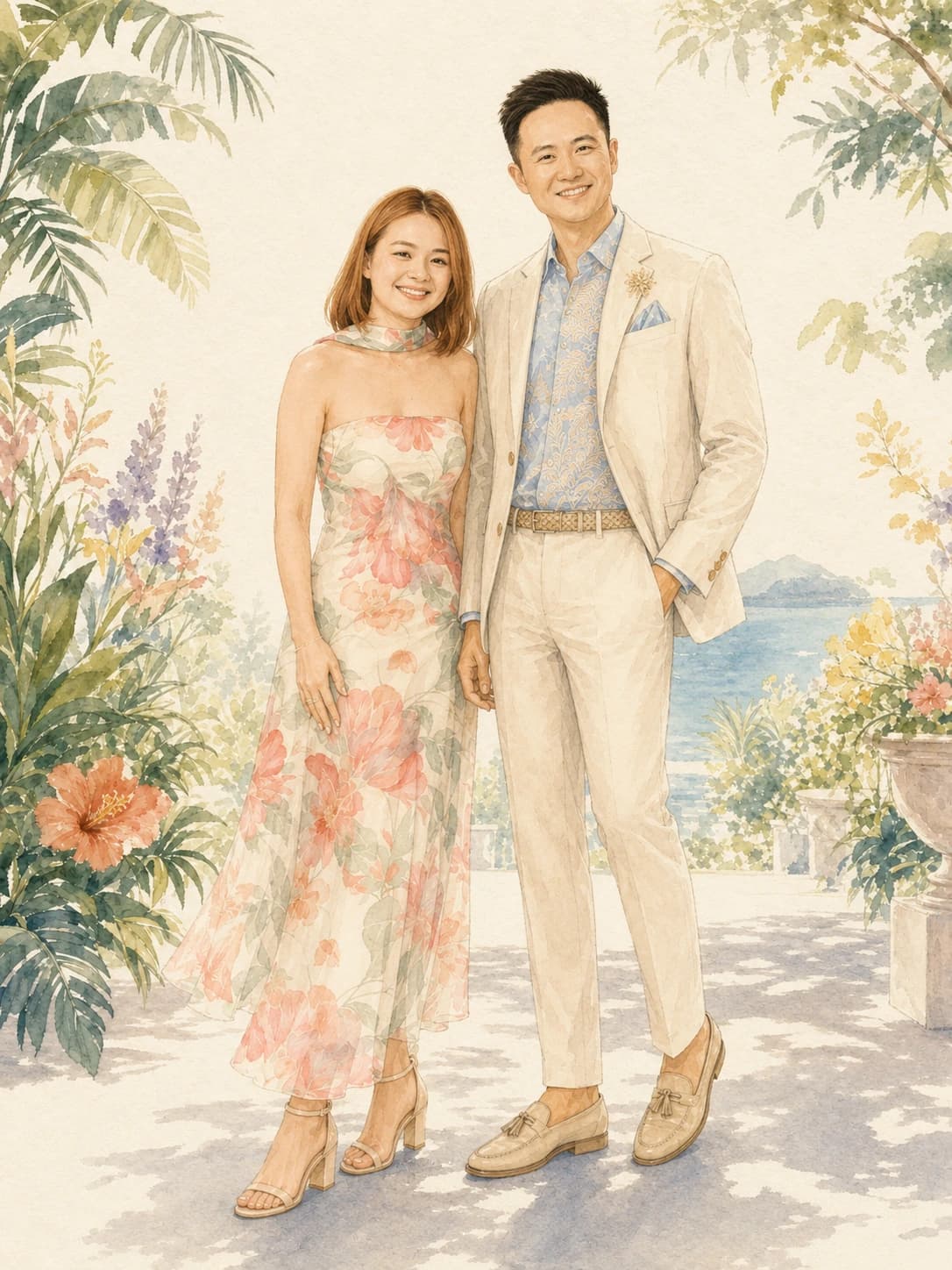 Watercolour portrait of Ian and Phy in colourful coastal garden attire